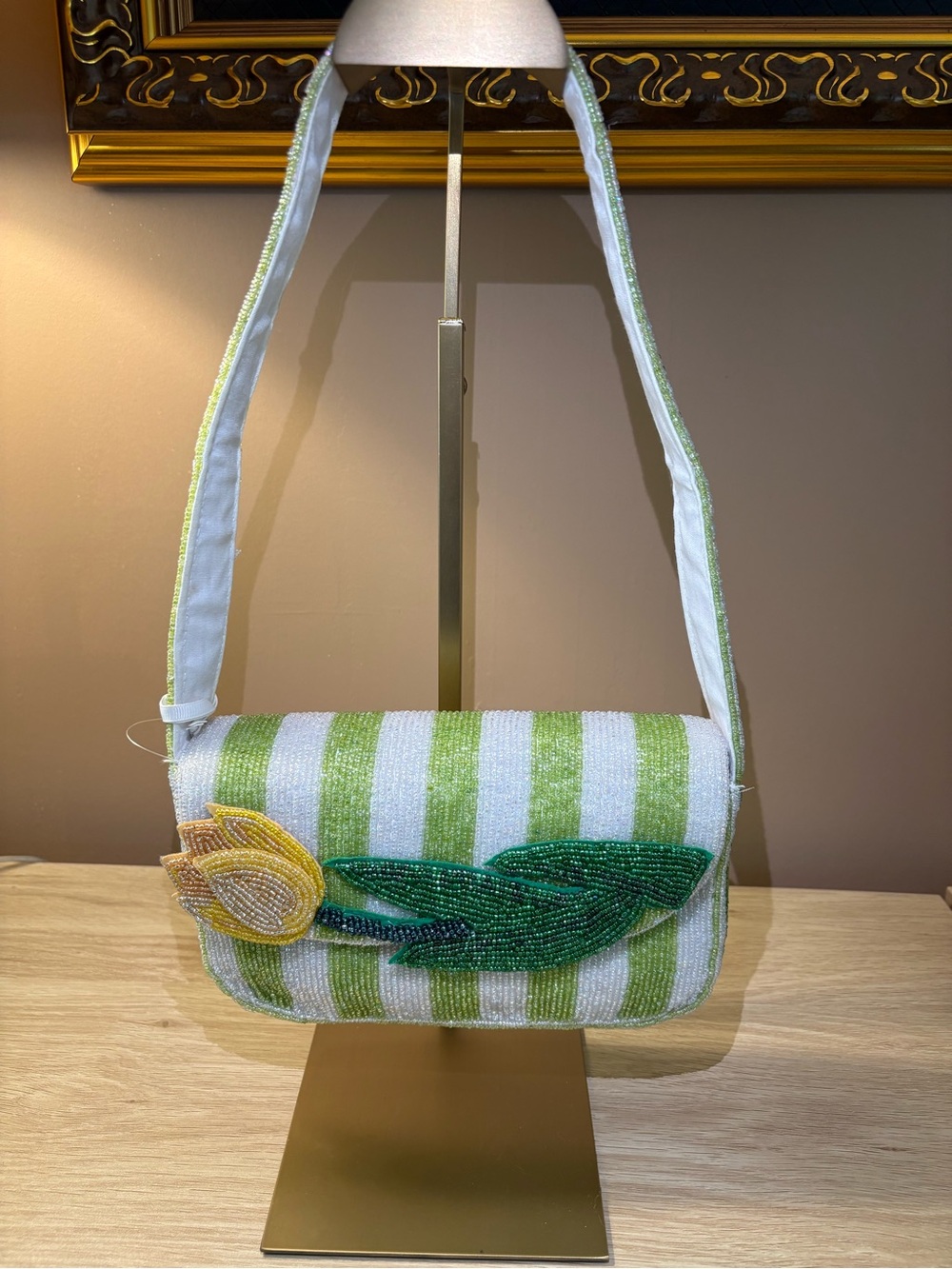 NWT RARE Green & White Striped Beaded Shoulder Bag with Beaded Yellow Tulip